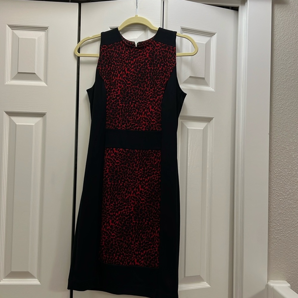 Michael Kors Black and Red, leopard print shirtsleeve dress
